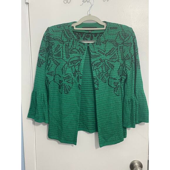 Ming Wang Cardigan Sweater XS Green Floral Embroidered Ruffled Sleeve Preppy NWT - Picture 1 of 6